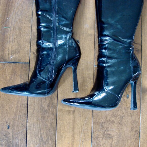 Aldo Black Pantent Leather Knee High Stiletto Boots Pointy Toe Size UK 5 US 7.5 - Picture 9 of 16